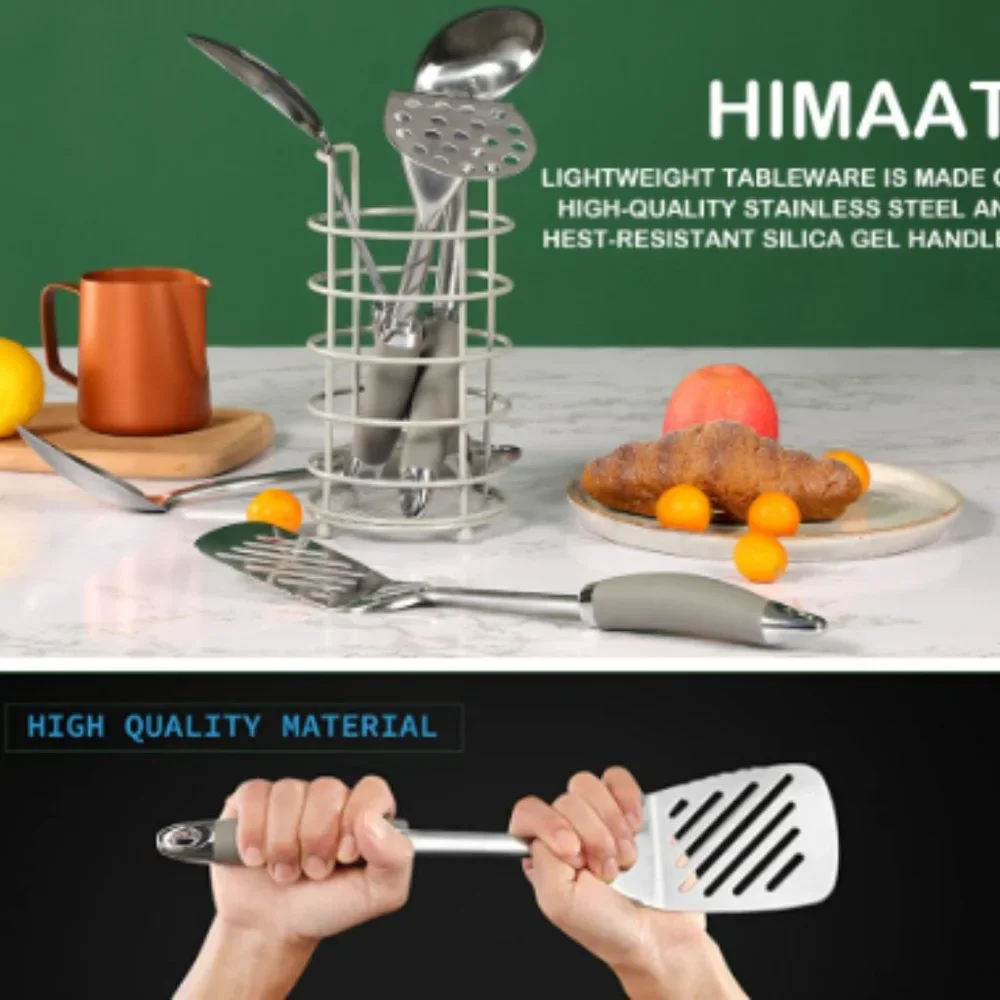 6 pc - Stainless Steel Kitchen Utensils w/ Holder / Non-Stick Silicone Handles